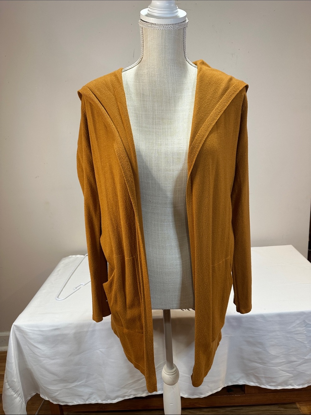 Cyrus Open-Front Hooded Knit Cardigan in Mustard